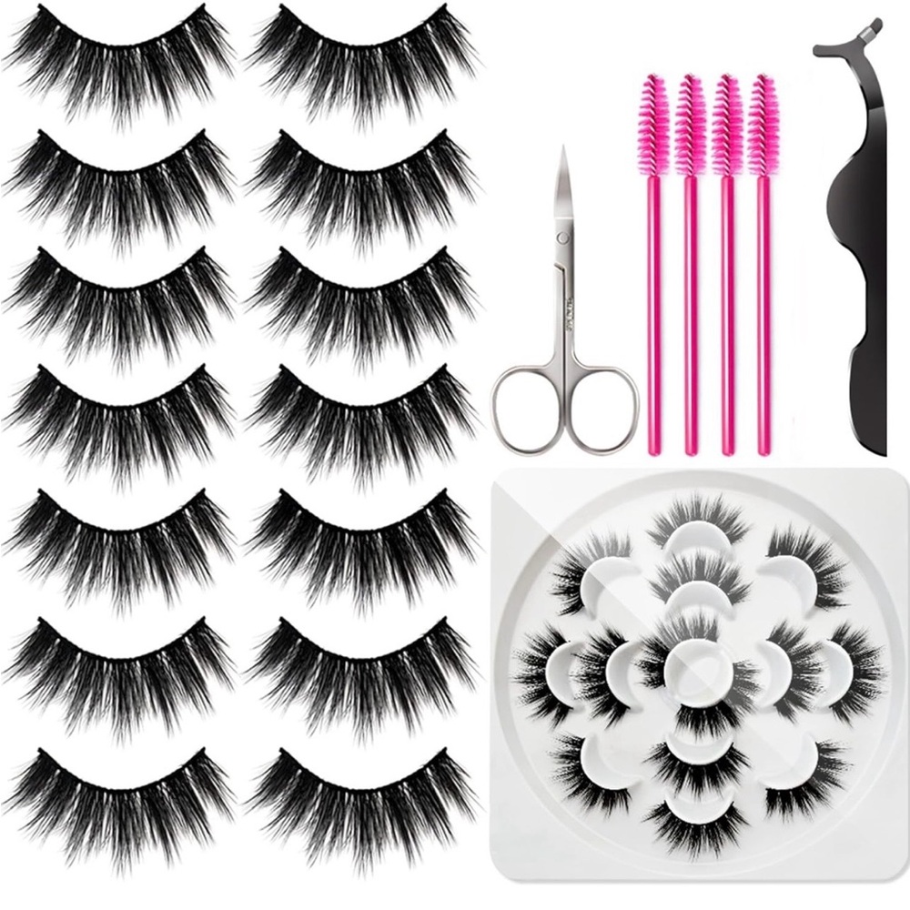 7 Pairs 6D Wispy Faux Mink Reusable Lashes with 4 Brushes, Scissors, Tweezers